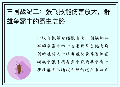 三国战纪二：张飞技能伤害放大，群雄争霸中的霸主之路
